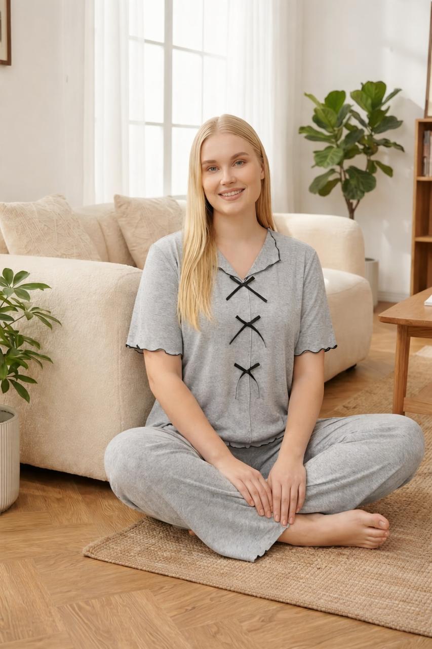 0000 Hazel Grey V-Neck Three Bow Design Half Sleeves With Matching Pajama night suit For Her