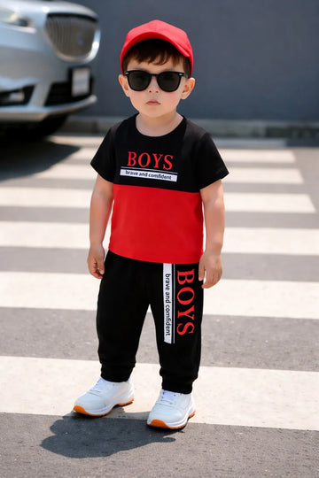 0000 Black Red Boys Printed Half Sleeves T-shirt with Black Printed Pajama Kids Suits