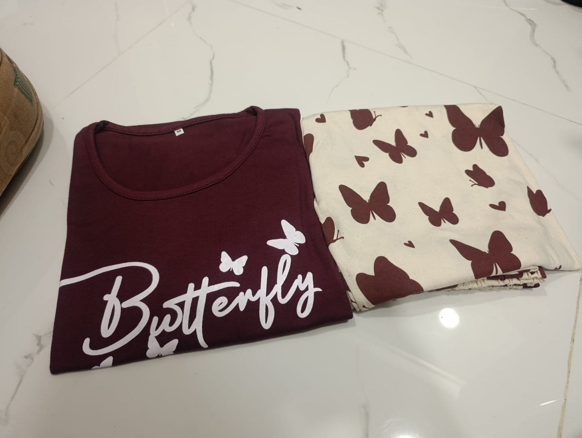 00001 Maroon Butterfly Printed Half Sleeves T-shirt With Butterfly Printed Pajama Suit