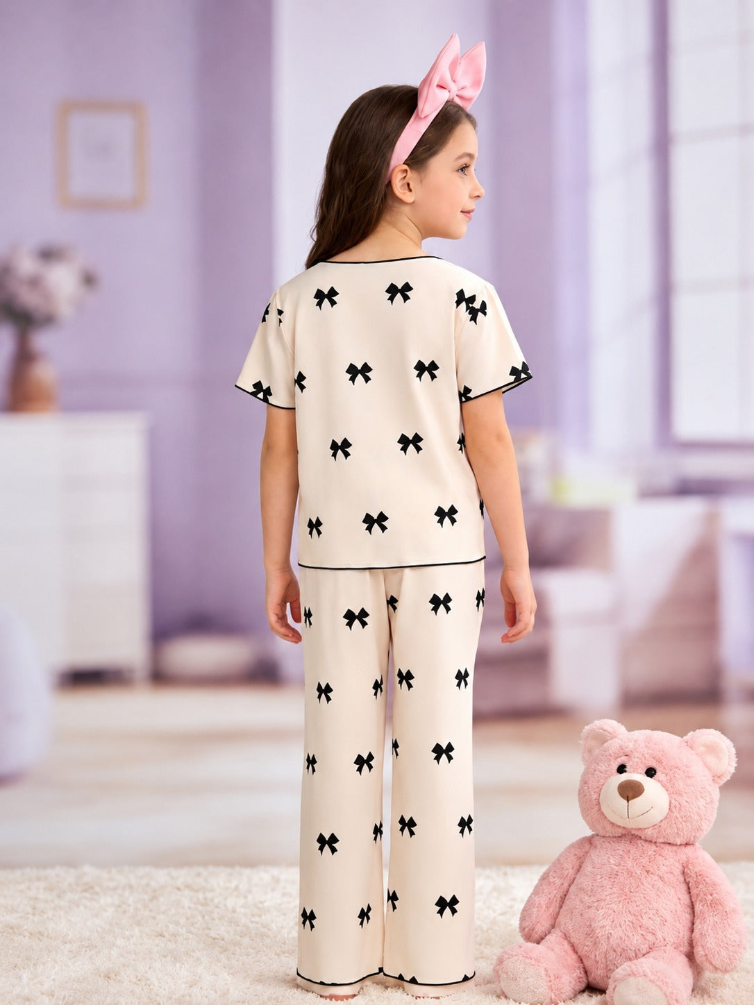 0000 Cream Black Bow Printed Half Sleeves T-shirt with Bow Printed Pajama Kids Suits