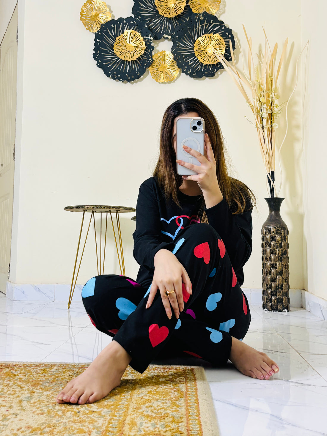 00000 Black Multi Hearts Print Full Sleeves Night Suit