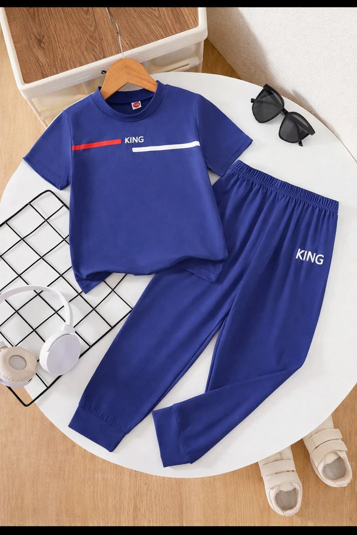 0001 Royal Blue King Printed Half Sleeves T-shirt with Printed Pajama Kids Suits
