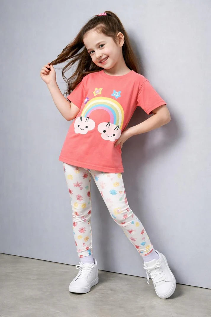 0000 Peach Rainbow Printed Half Sleeves T-shirt with Multi Flower Printed Pajama Kids Suits