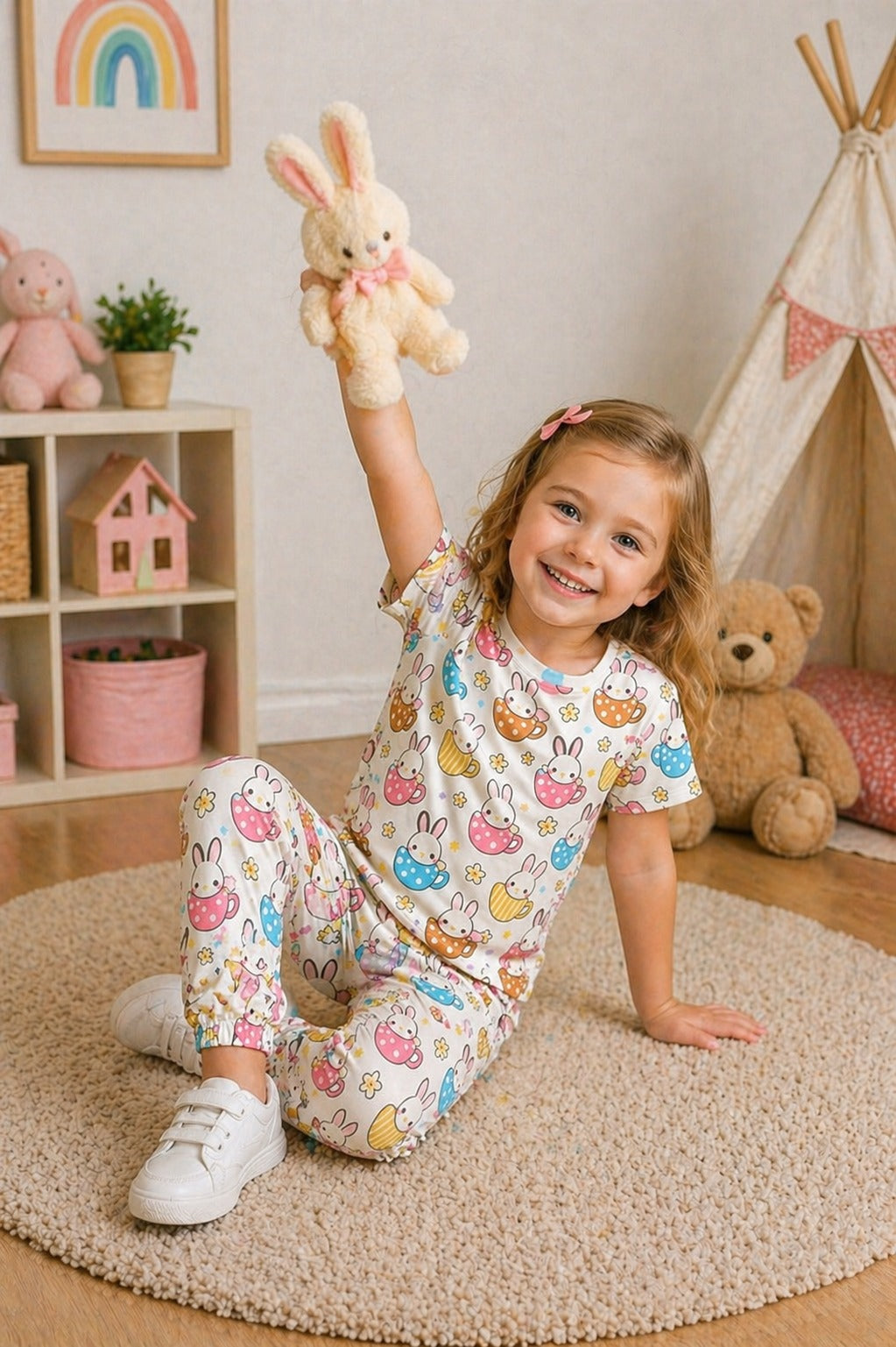 0000 Offwhite multi Rabbit Printed Half Sleeves T-shirt with Multi Rabbit Digital Printed Pajama Kids Suits