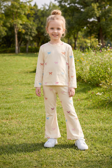 0000 Cream Multi Bow Printed Full Sleeves T-shirt with Flower Printed Pajama Kids Suits
