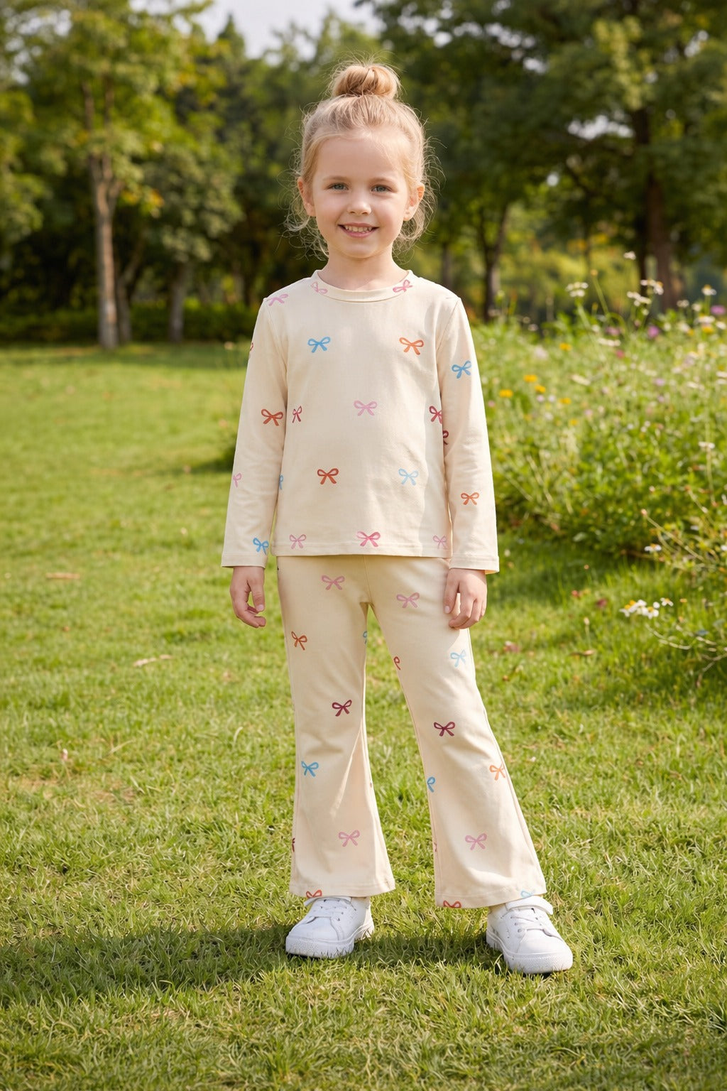 00001 Cream Multi Bow Printed Full Sleeves T-shirt with Flower Printed Pajama Kids Suits
