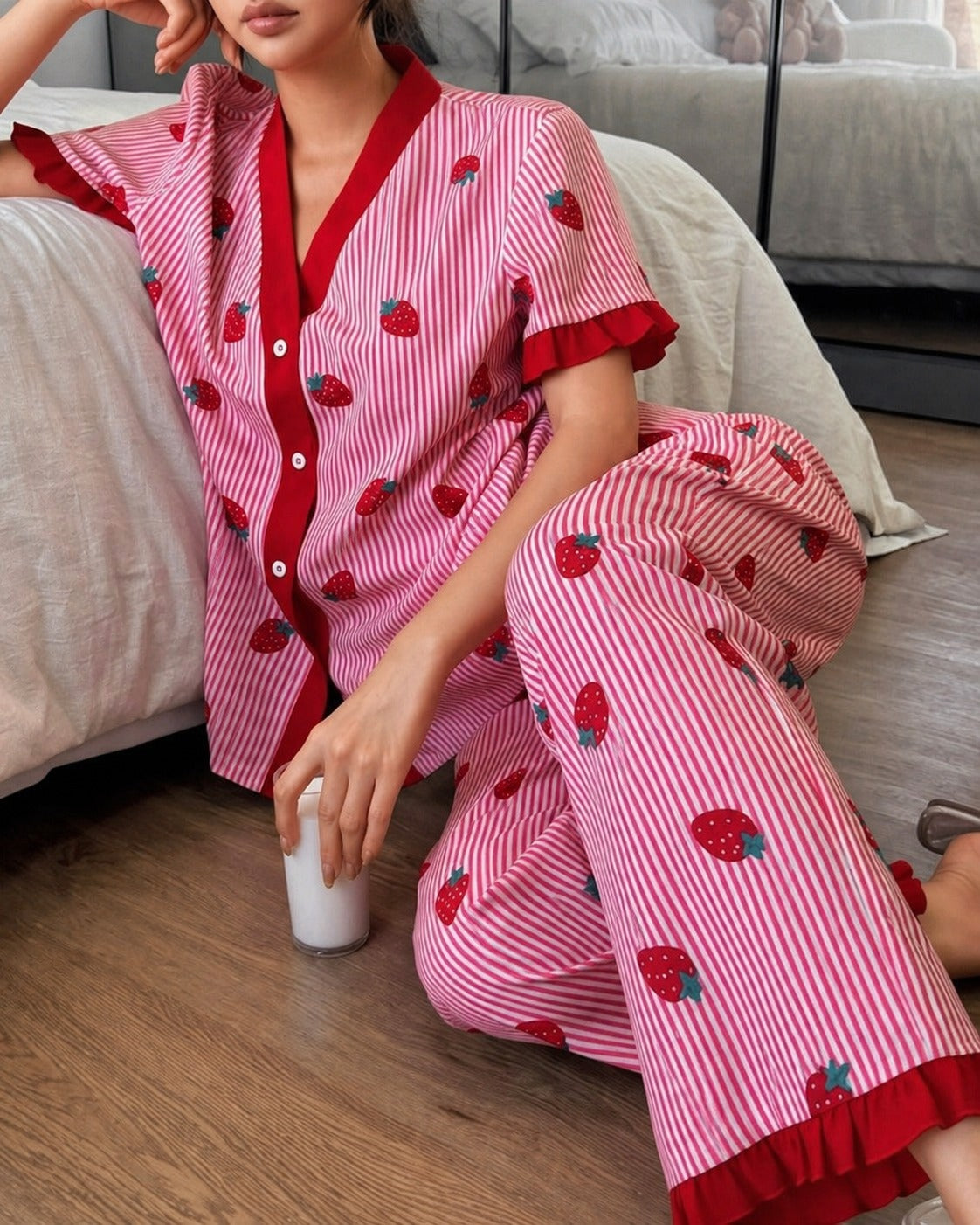 0000 A Pink All Over Strawberry Printed With Pink Lining Front Button Style For Her