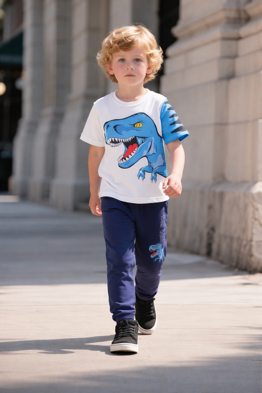 00001 Offwhite Dragon Printed Half Sleeves T-shirt with Blue Printed Pajama Kids Suits