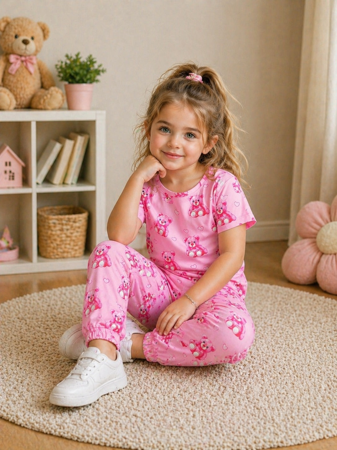 0000 Baby Pink Bear Printed Half Sleeves T-shirt with Bear Printed Digital Printed Pajama Kids Suits