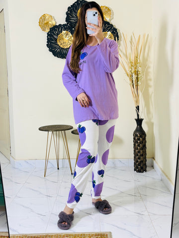 0001 Lilac Grapes Printed Full Sleeves T-shirt With Printed Pajama Suit