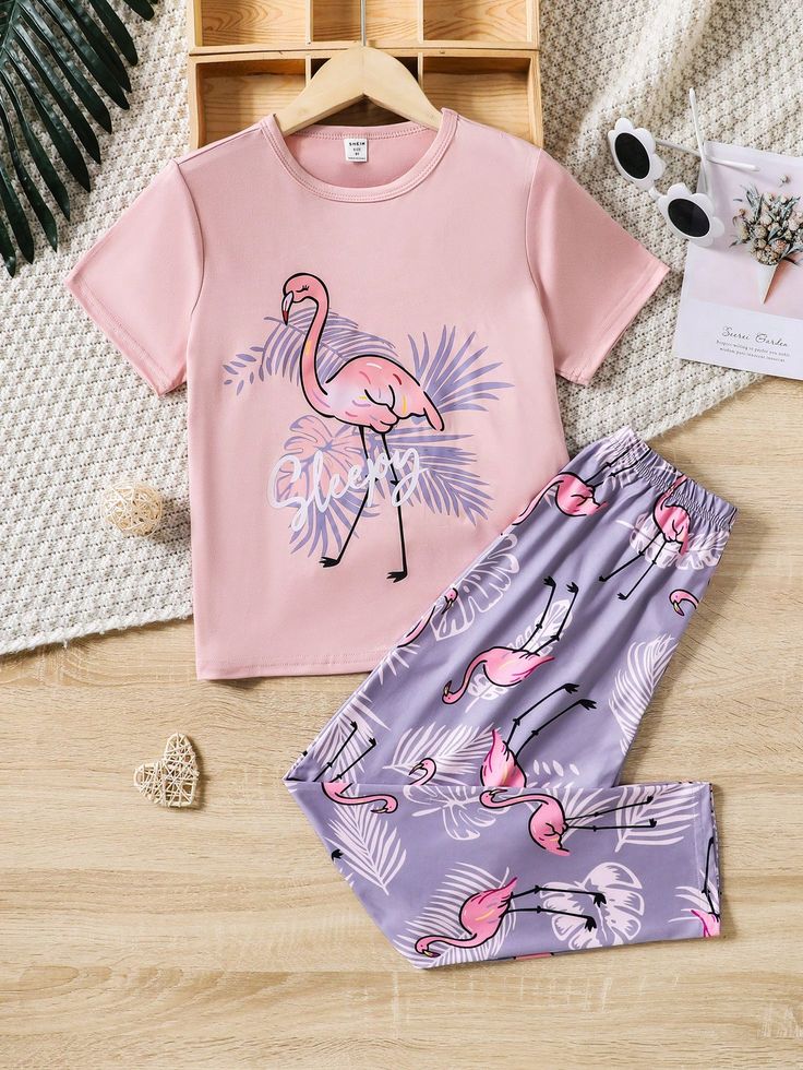 00000 A Baby Pink sleepy Duck Printed Half Sleeves T-shirt with lilac Printed Pajama Kids Suits