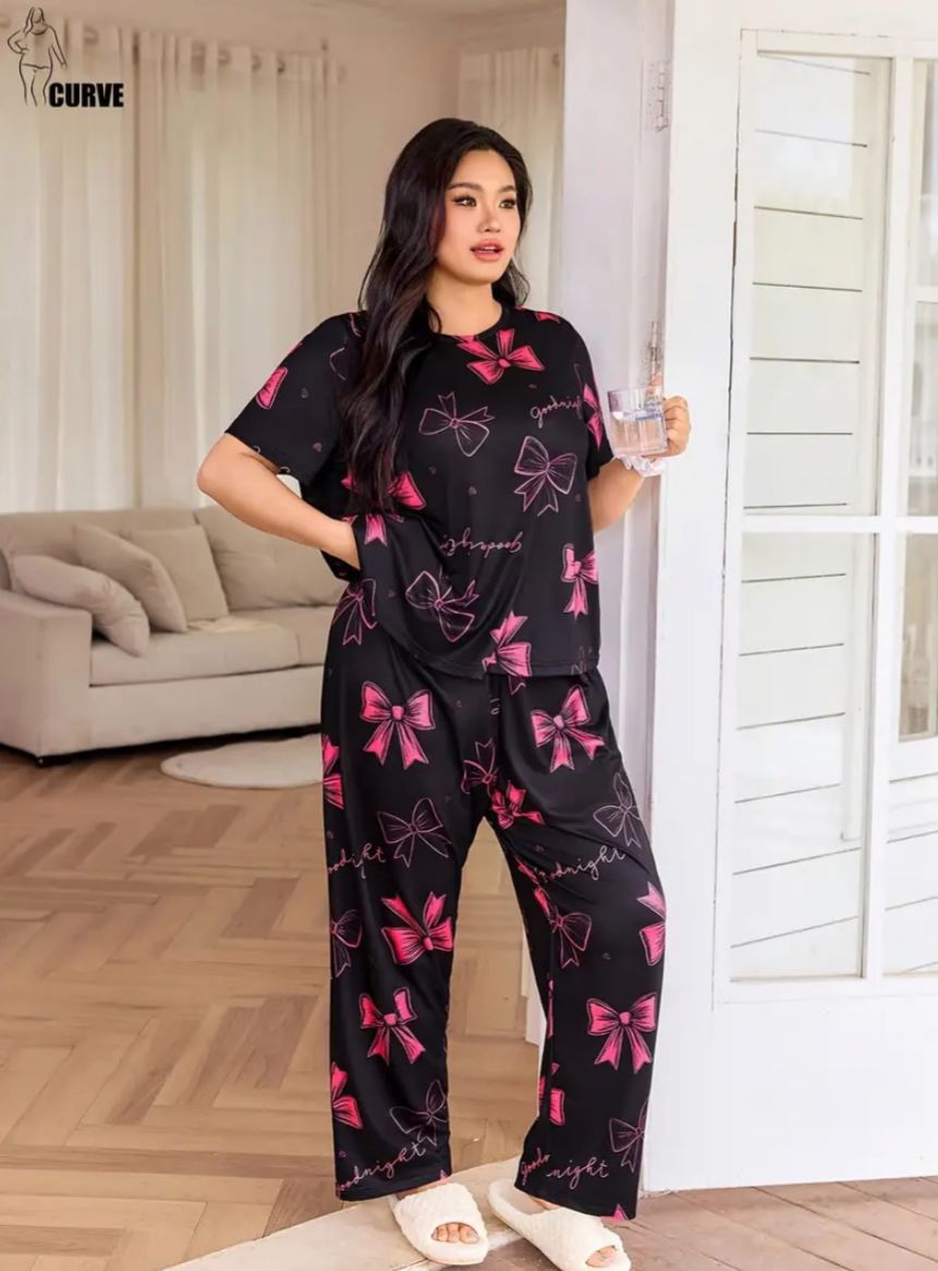 0000 Black All over Bow Printed Half Sleeves T-shirt With Panda Printed Pajama Suit