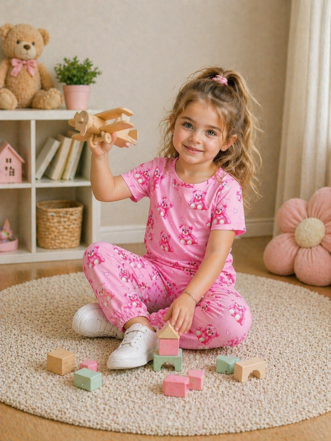 0000 Baby Pink Bear Printed Half Sleeves T-shirt with Bear Printed Digital Printed Pajama Kids Suits