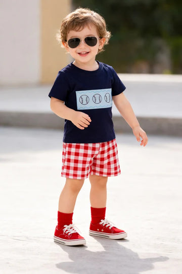 0000 Navy Blue 3 Balls Printed Half Sleeves T-shirt with Check Printed Shorts Kids Suits
