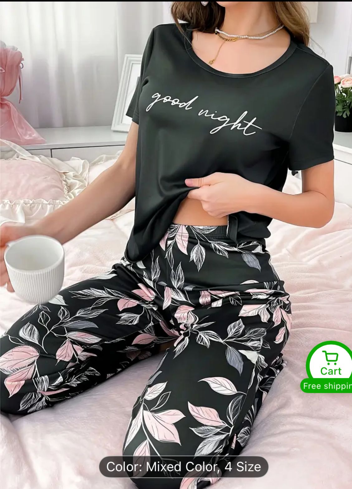 0000 Black Good Night Printed Half Sleeves T-shirt With Leaf Printed Pajama Suit