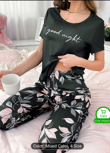 0000 Black Good Night Printed Half Sleeves T-shirt With Leaf Printed Pajama Suit