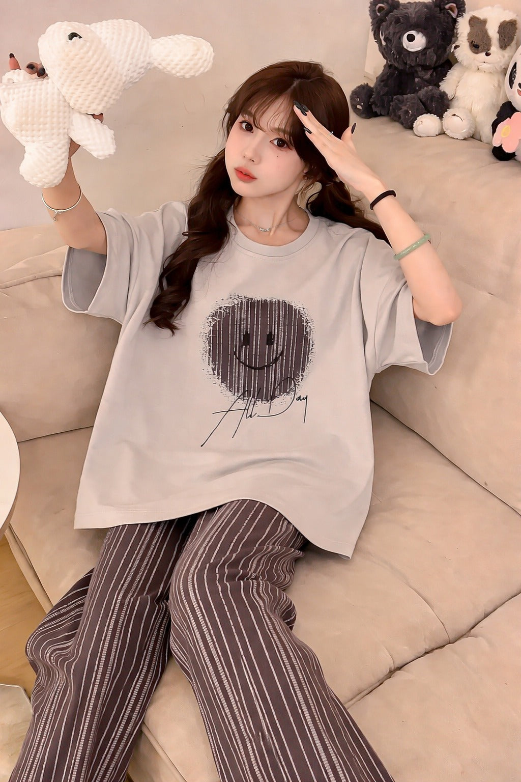 0000 Grey Smiley All Day Printed Half Sleeves T-shirt With lining Printed Pajama Suit