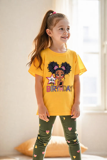 0000 Yellow Birthday Girl Printed Half Sleeves T-shirt with heart Printed Pajama Kids Suits