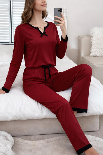 0000 Mahroon V-Neck Black Lace Bow Full Sleeves T-shirt With Matching Pajama night suit For Her