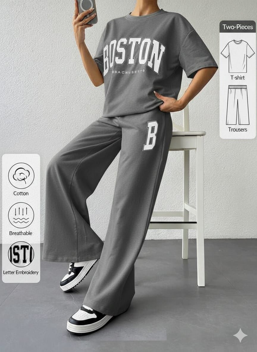 0000 Grey Boston Printed Half Sleeves T-shirt With B Printer Looss Pajama Suit