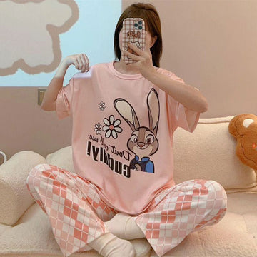 0000 Baby Pink Rabbit Printed Half Sleeves T-shirt With Check Printed Pajama Suit