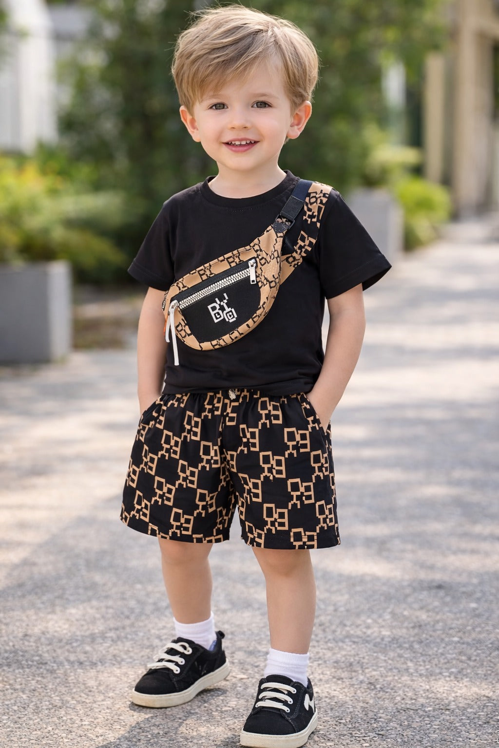 00001 Black Side bag Printed Half Sleeves T-shirt with Printed Shorts Kids Suits
