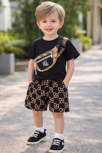 0000 Black Side bag Printed Half Sleeves T-shirt with Printed Shorts Kids Suits