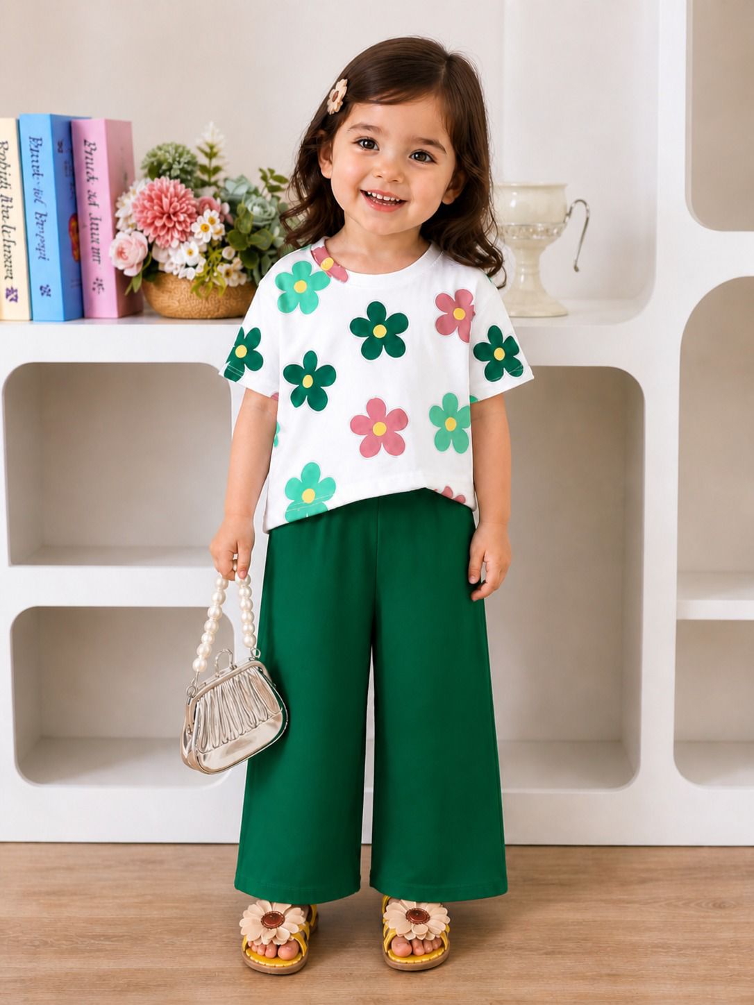 0000 Offwhite Green Flower Printed Half Sleeves T-shirt with Bottle Green Plain Pajama Kids Suits