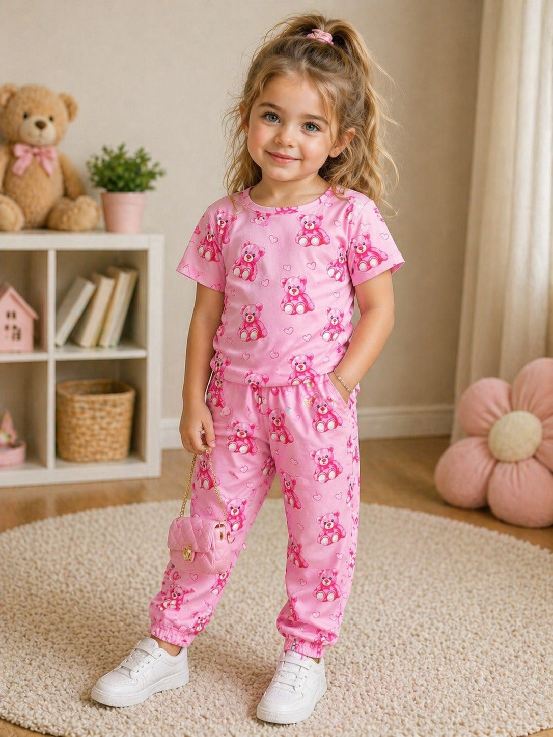 0000 Baby Pink Bear Printed Half Sleeves T-shirt with Bear Printed Digital Printed Pajama Kids Suits