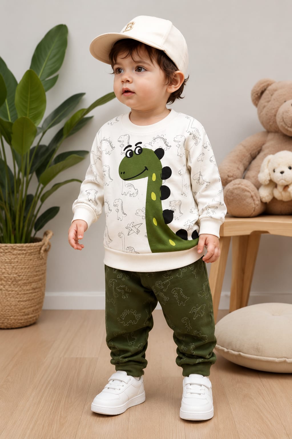 0000 Offwhite Cute Dino Printed Kids Tracksuit