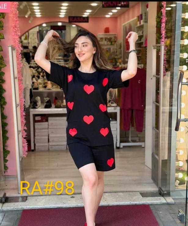 Black Red Heart Half Sleeves T Shirt With Same Shorts