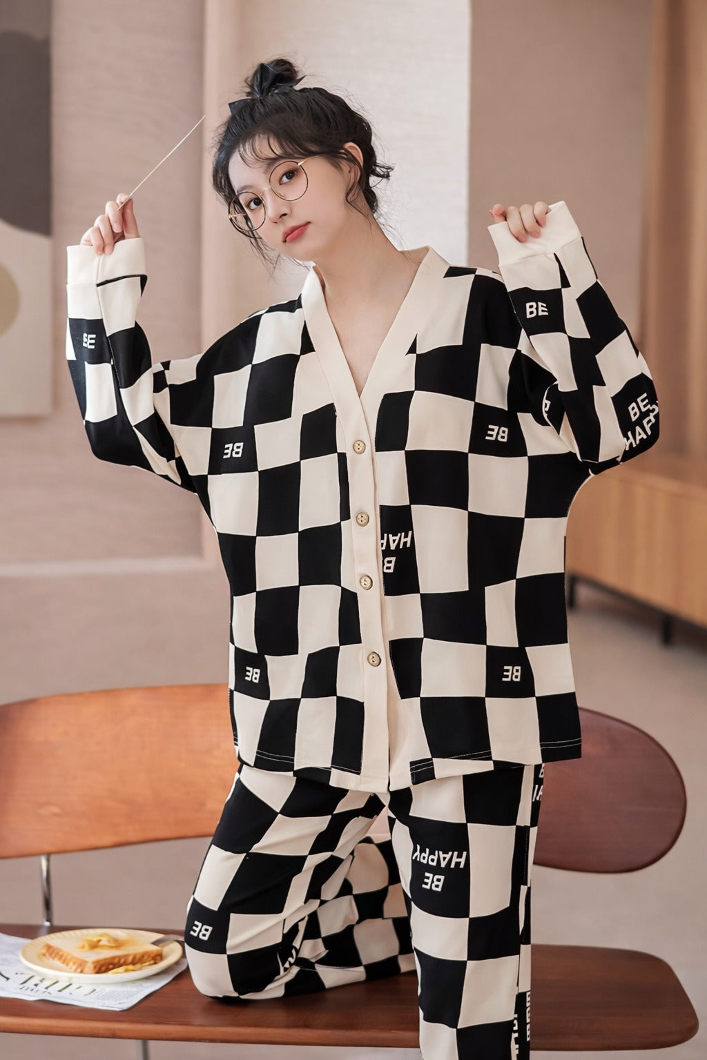 0001 Black Offwhite Check Happy be Printed Front Button Style For Her