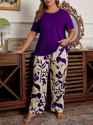 0000 Purple Plain Half Sleeves T-shirt With Floral Printed Pajama Suit