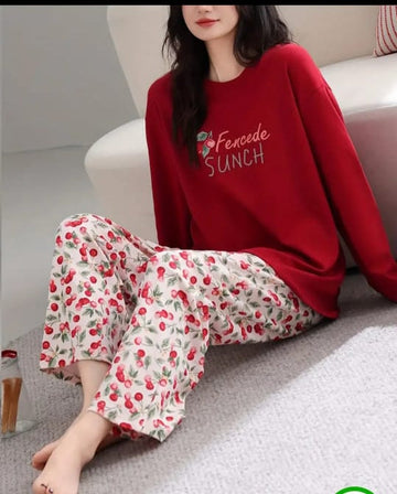 0000 Red Fencede Sunch Printed Full Sleeves T-shirt With Floral Printed Pajama Suit