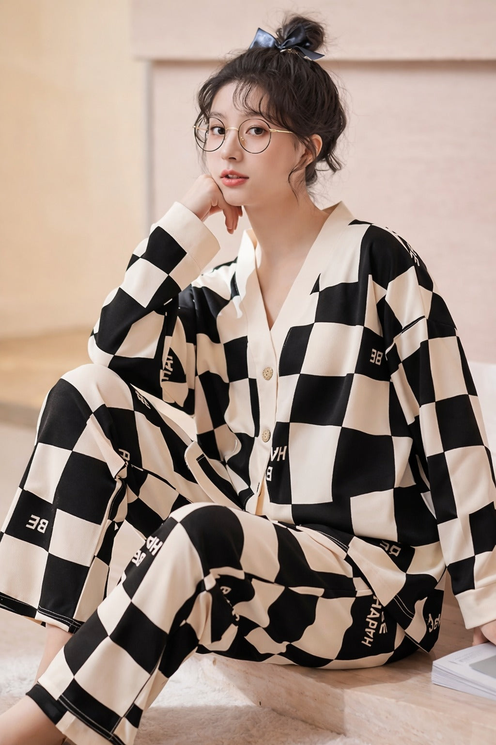 0001 Black Offwhite Check Happy be Printed Front Button Style For Her