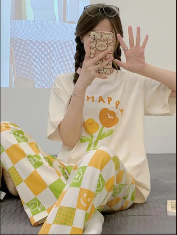 0000 Offwhite Flower Happy Printed Half Sleeves T-shirt With Printed Pajama Suit