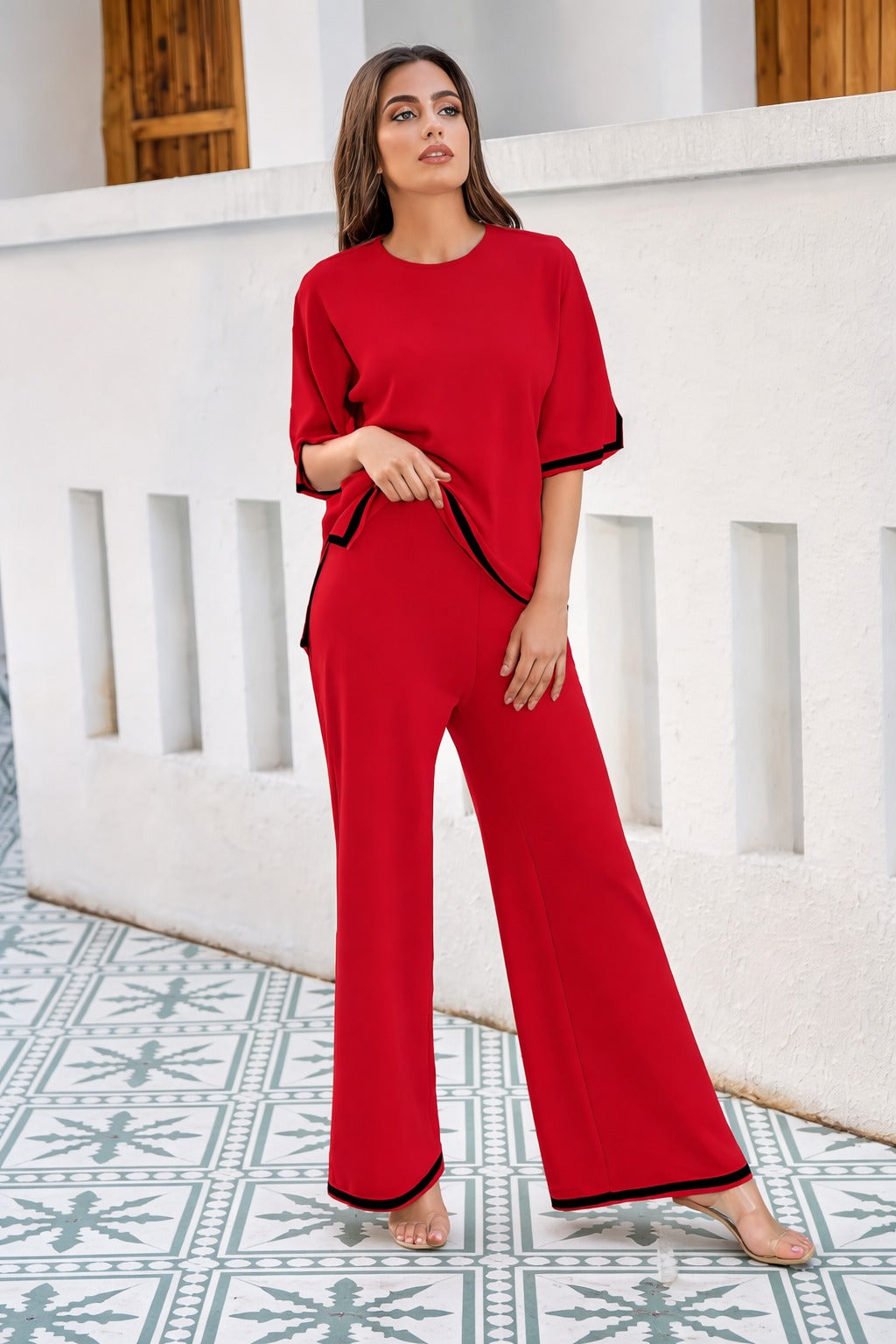 0000 Red Black Pipin Round Neck Baggie Style Half Sleeves With Matching Plazzo Style Loose Trouser